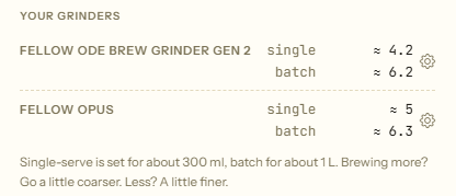 Grinder settings in the app: Fellow Ode Gen 2 about 4.2 single-serve and 6.2 batch; Fellow Opus about 5 single-serve and 6.3 batch.