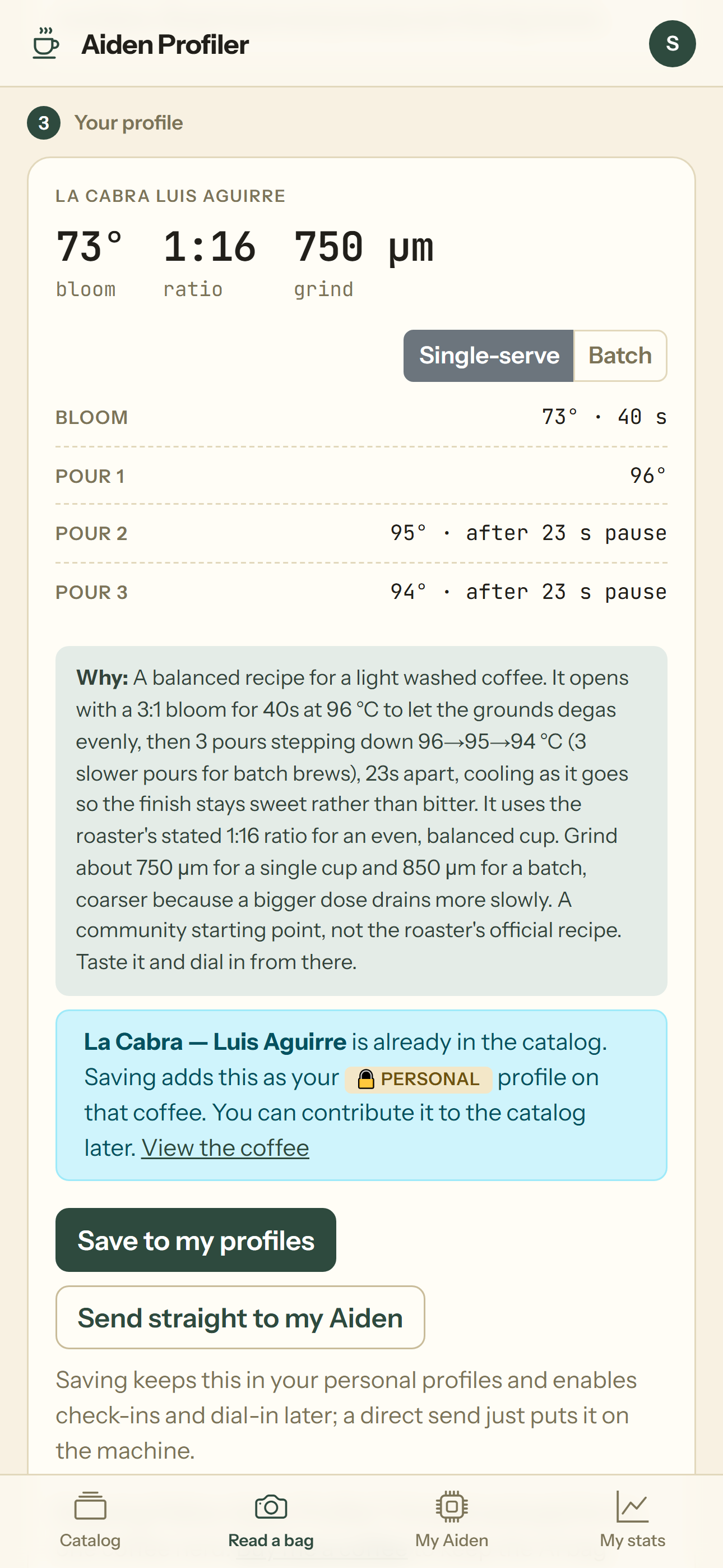 Reading a coffee bag in the Profiler on a phone